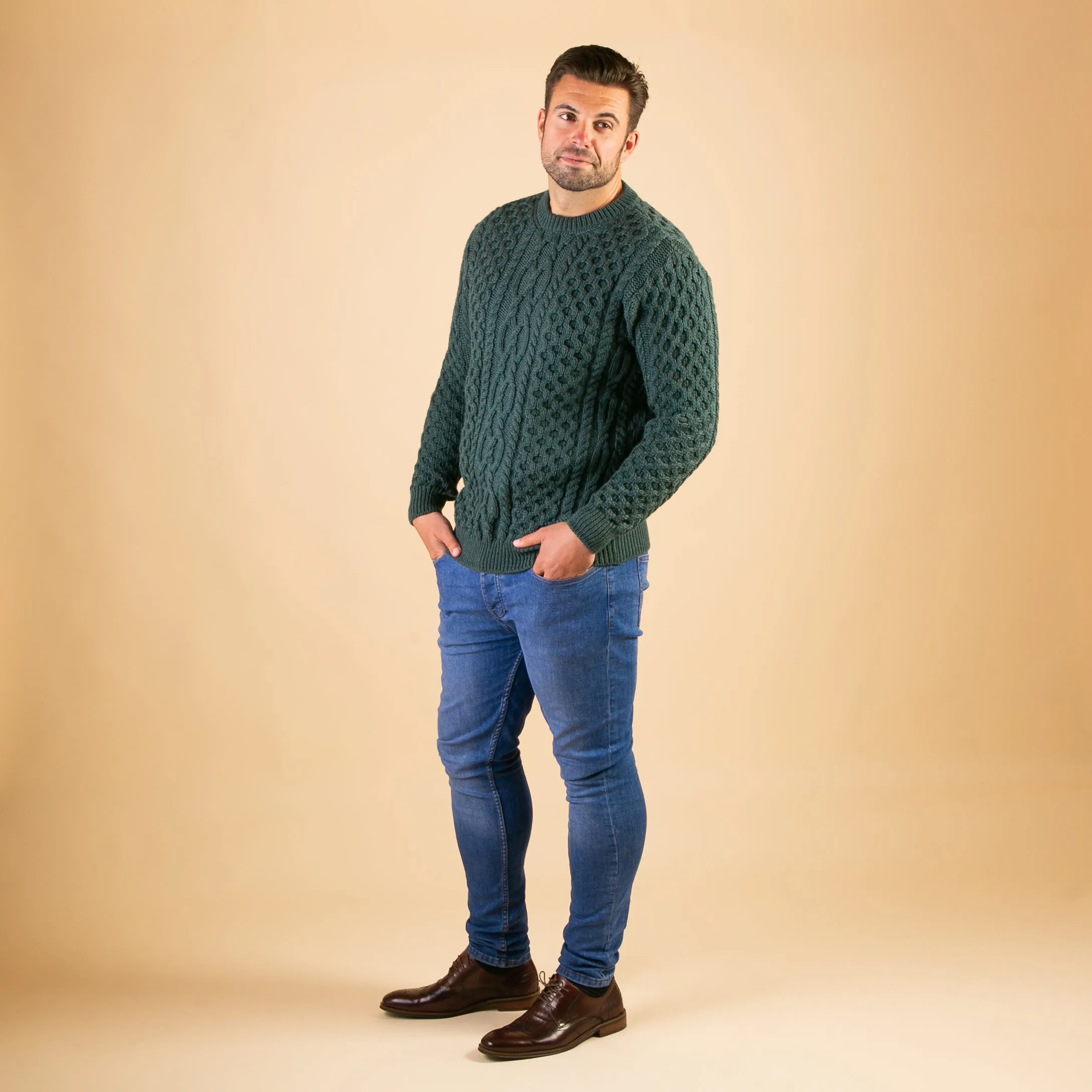 Green Oisin Unisex Crew Neck Aran Sweater