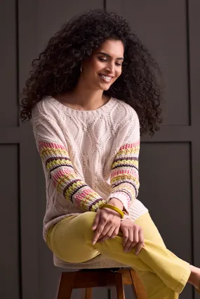 INTARSIA CREW NECK SWEATER WITH POINTELLE SLEEVE-Moonstone