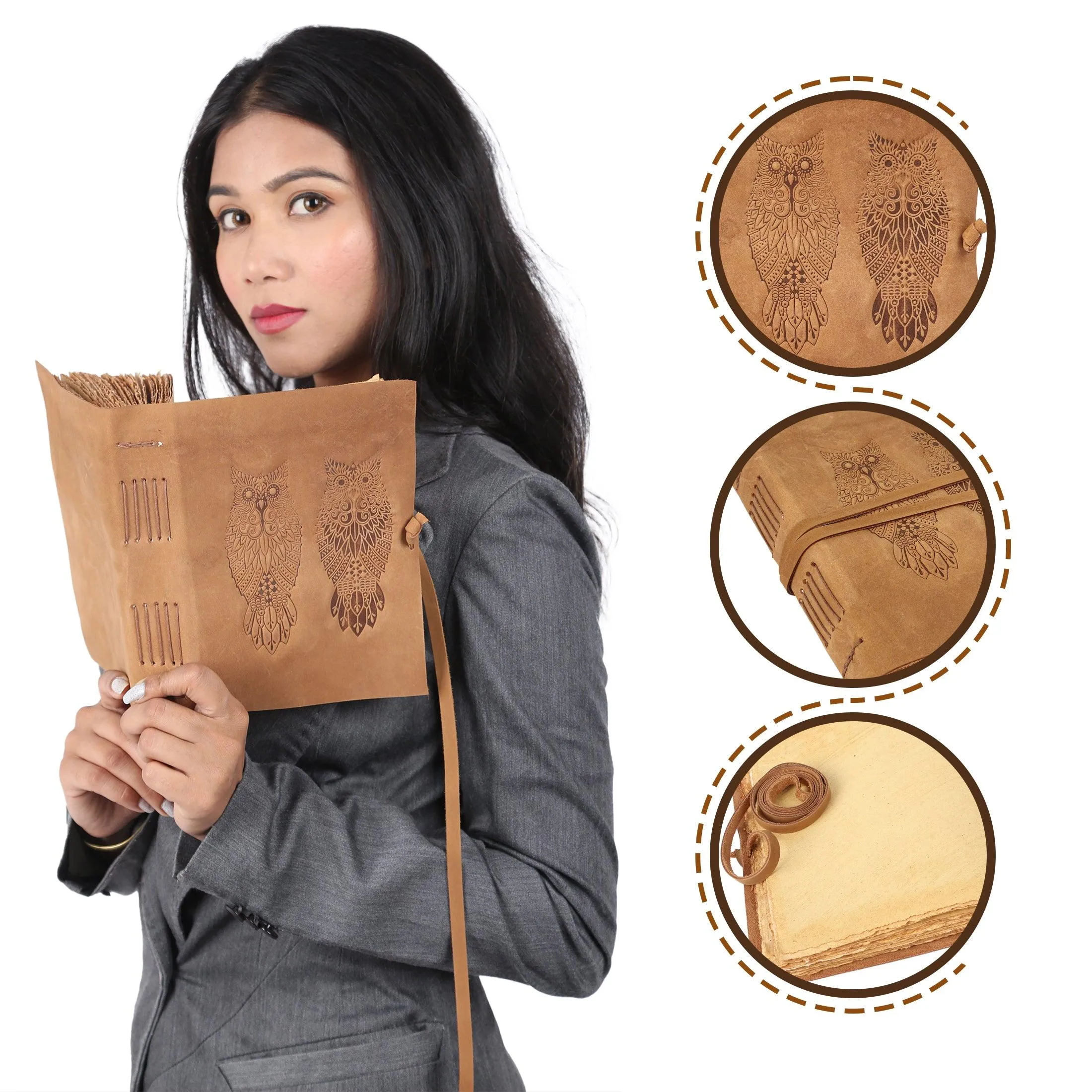 Leather Journal for women and men embossed 8 x 6 inch Handmade Deckle Edge Vintage Paper Owl notebook writing notepad book of shadows journal (Brown)