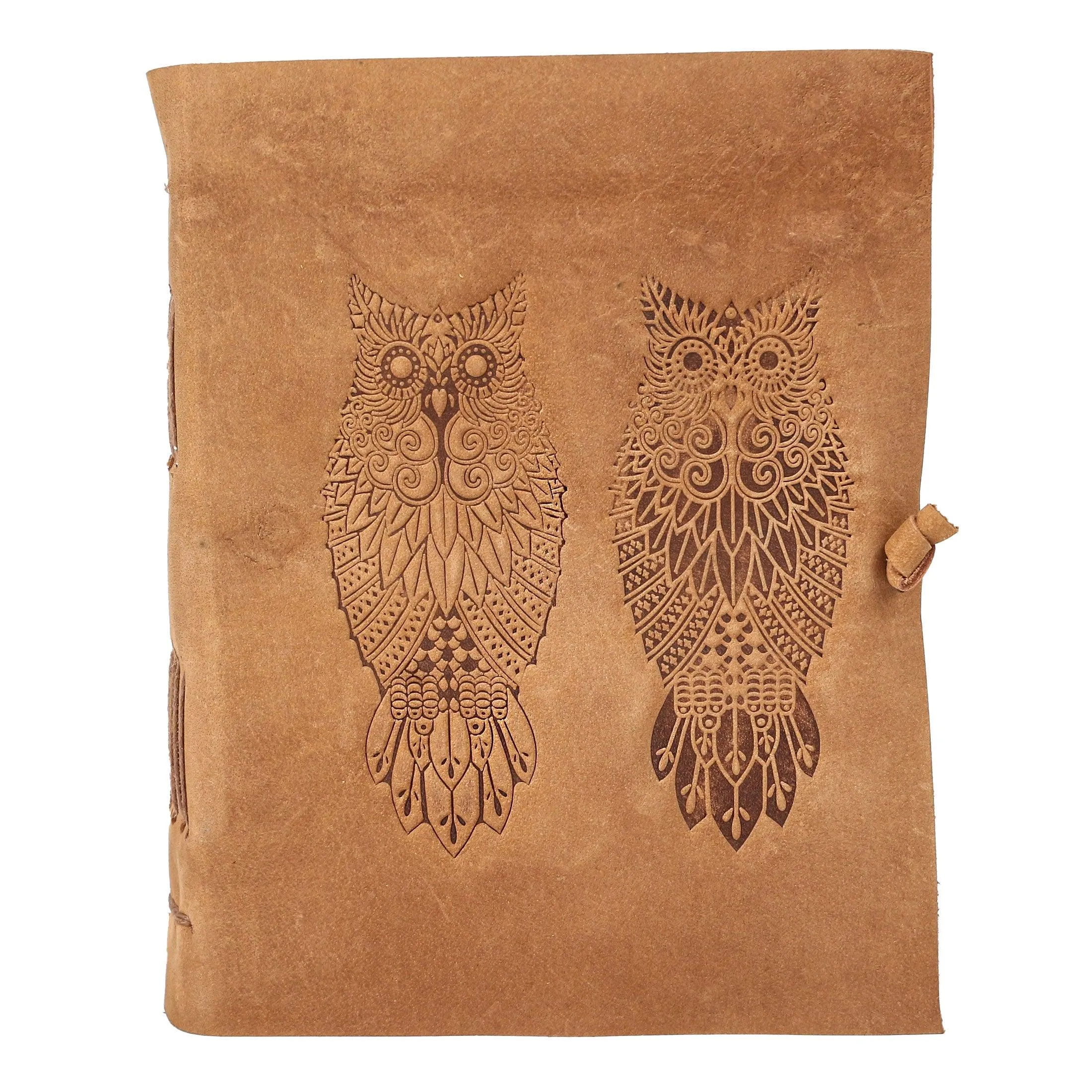 Leather Journal for women and men embossed 8 x 6 inch Handmade Deckle Edge Vintage Paper Owl notebook writing notepad book of shadows journal (Brown)
