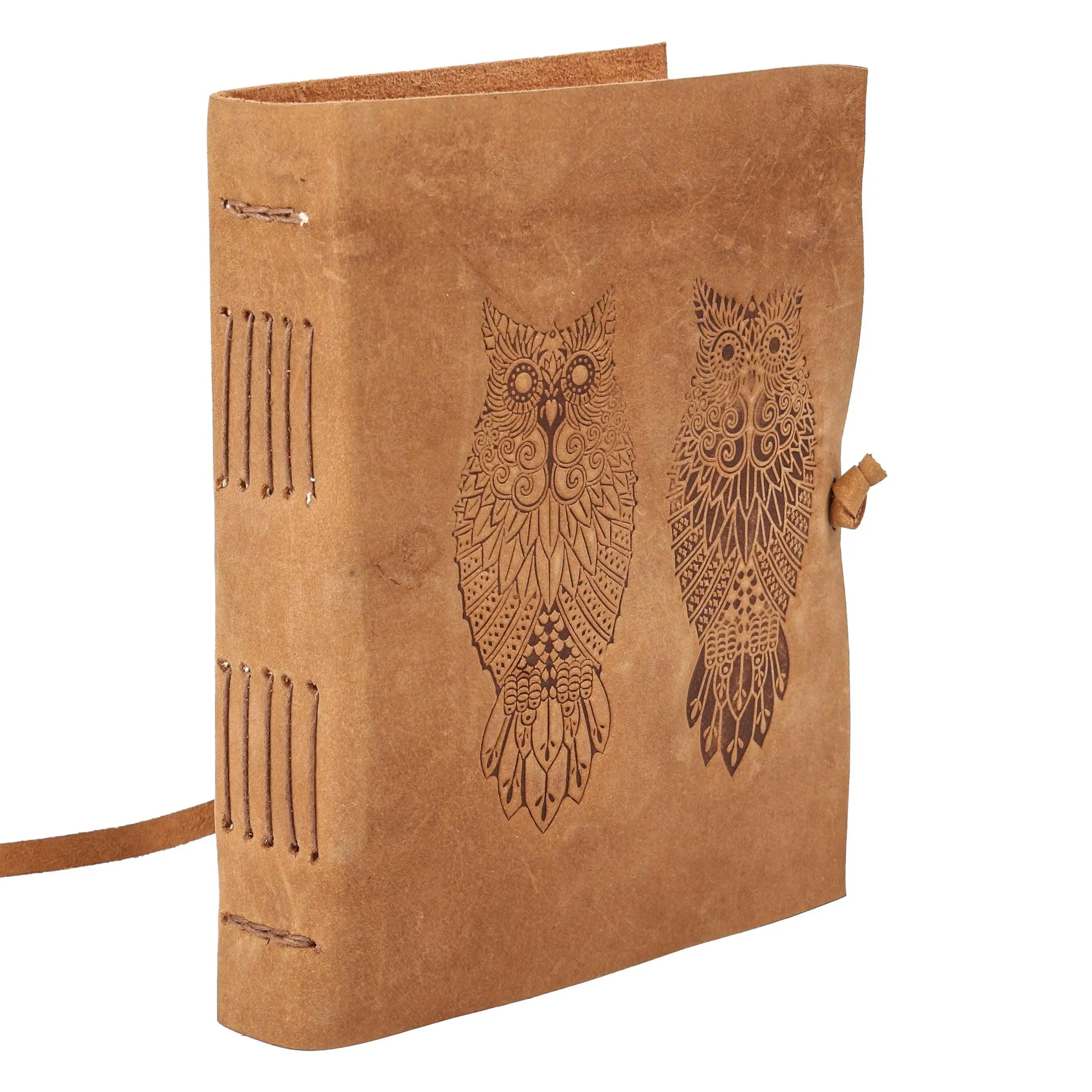 Leather Journal for women and men embossed 8 x 6 inch Handmade Deckle Edge Vintage Paper Owl notebook writing notepad book of shadows journal (Brown)