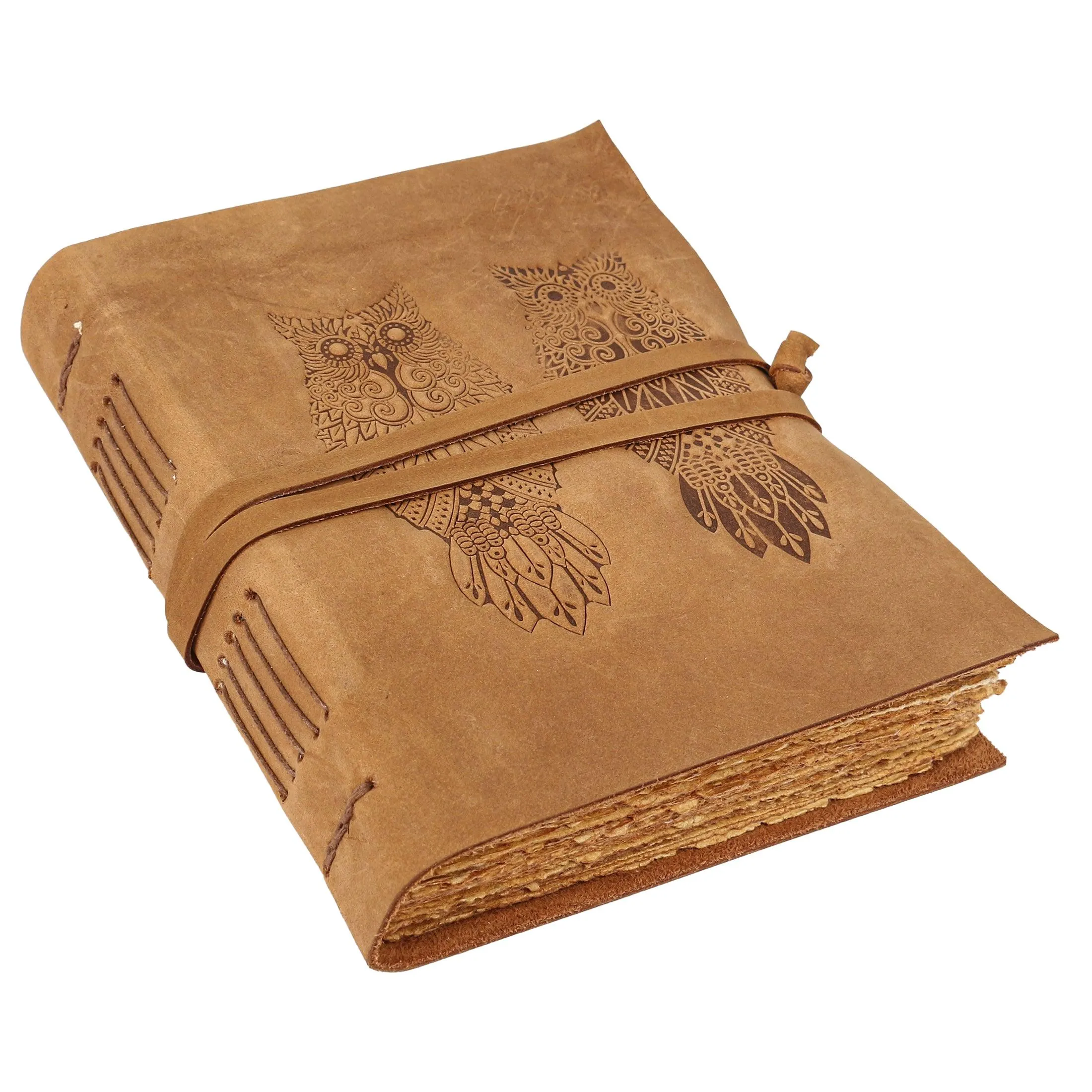 Leather Journal for women and men embossed 8 x 6 inch Handmade Deckle Edge Vintage Paper Owl notebook writing notepad book of shadows journal (Brown)