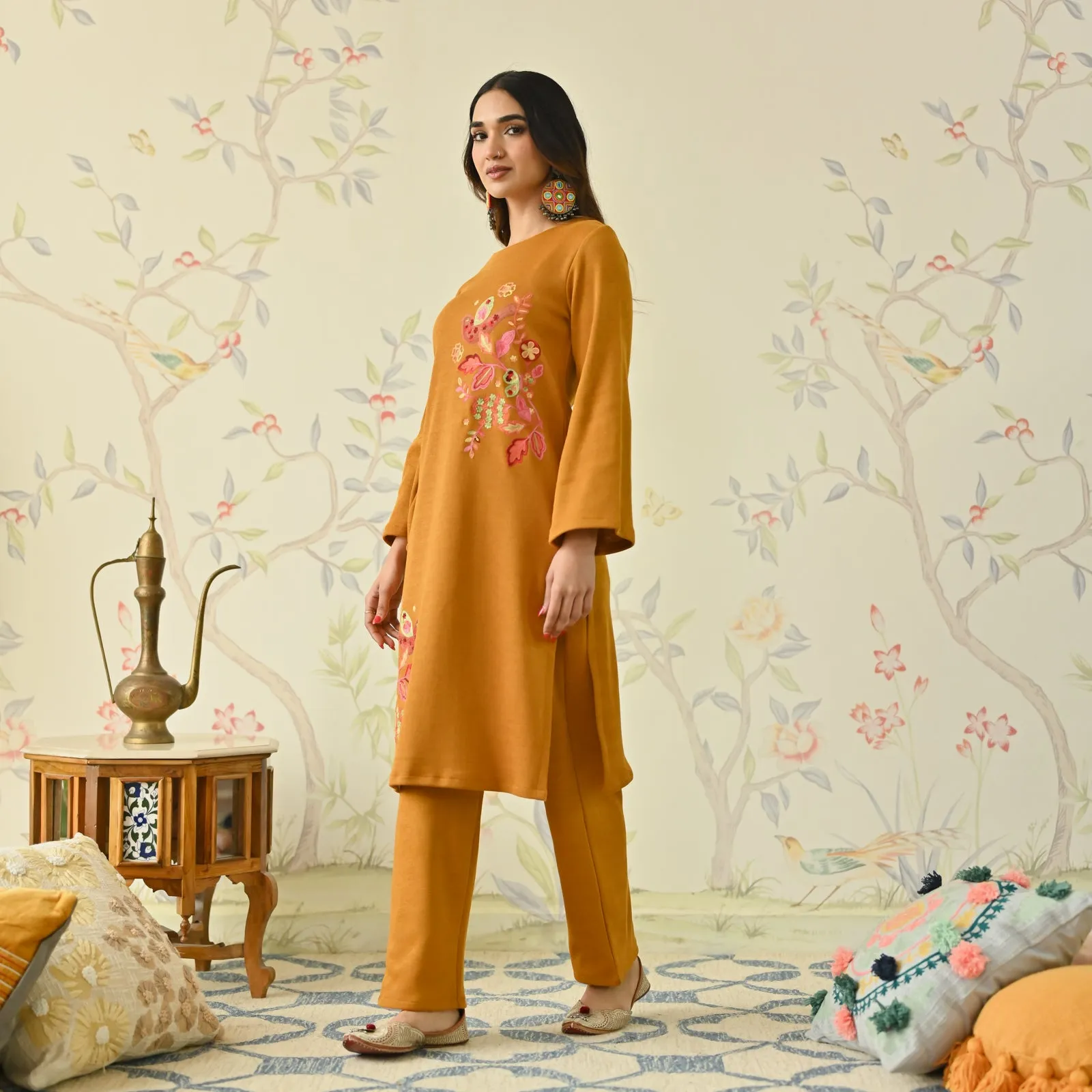 Mustard Woollen Aari Embroidered Floral Kurta Pant Set with Flared Sleeves