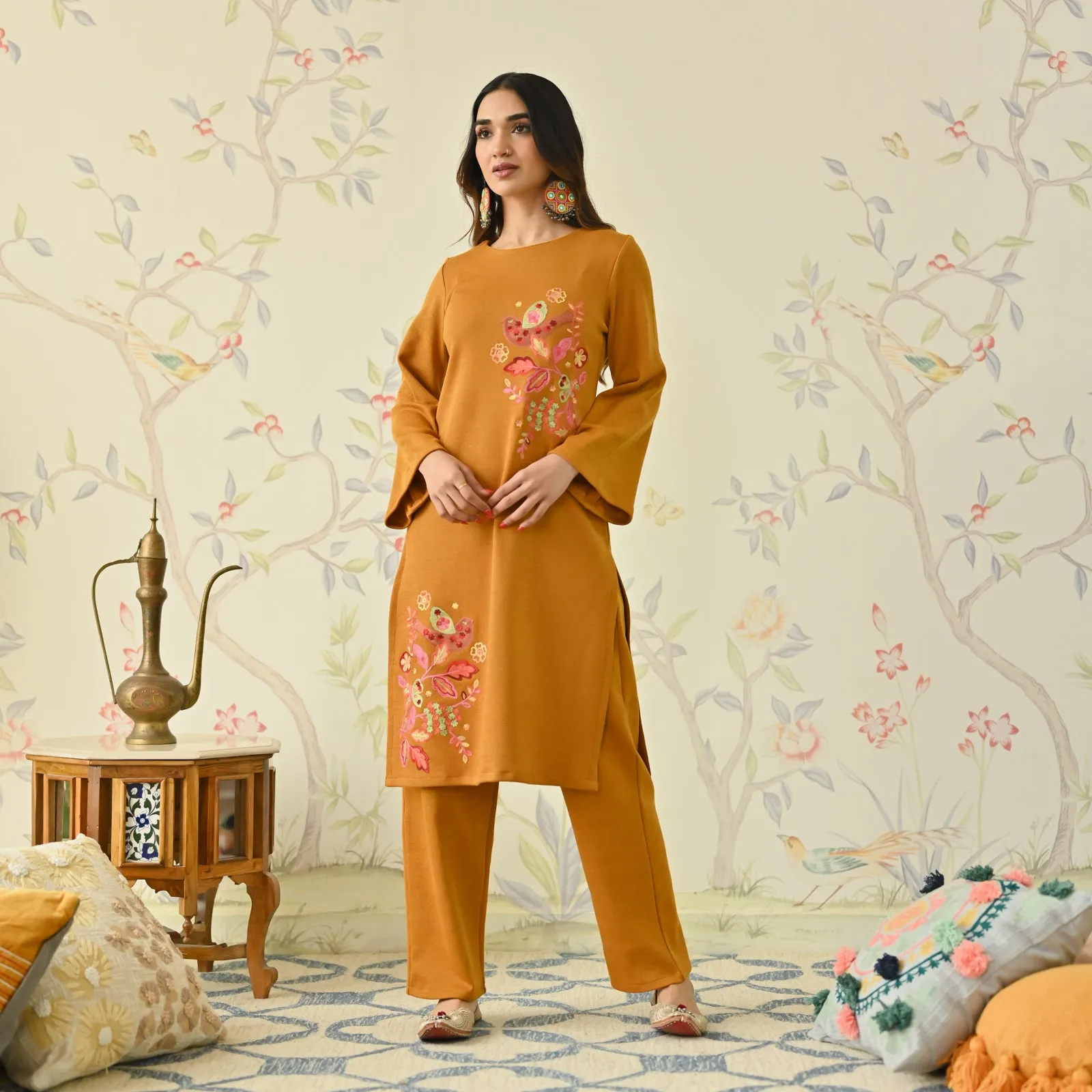 Mustard Woollen Aari Embroidered Floral Kurta Pant Set with Flared Sleeves