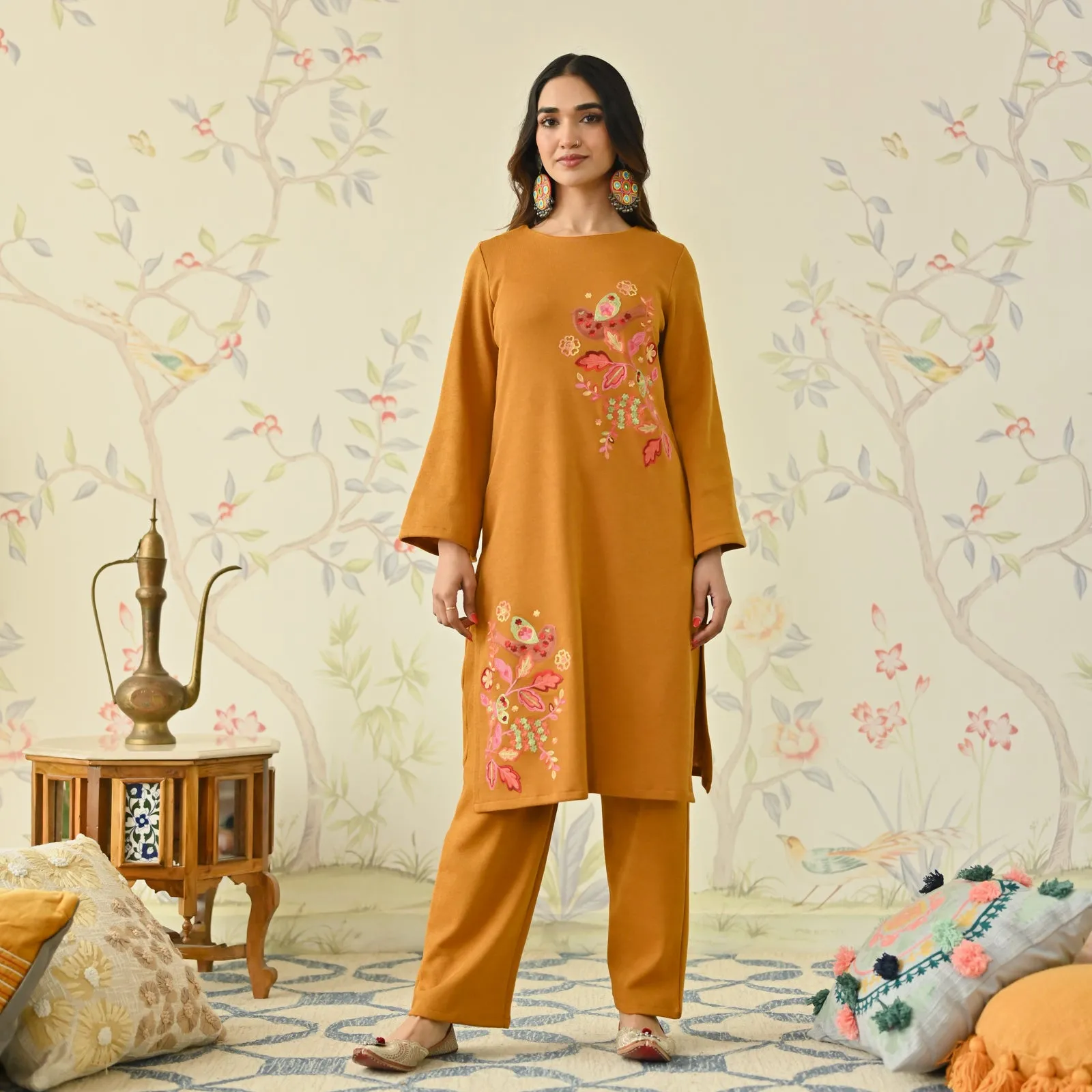 Mustard Woollen Aari Embroidered Floral Kurta Pant Set with Flared Sleeves