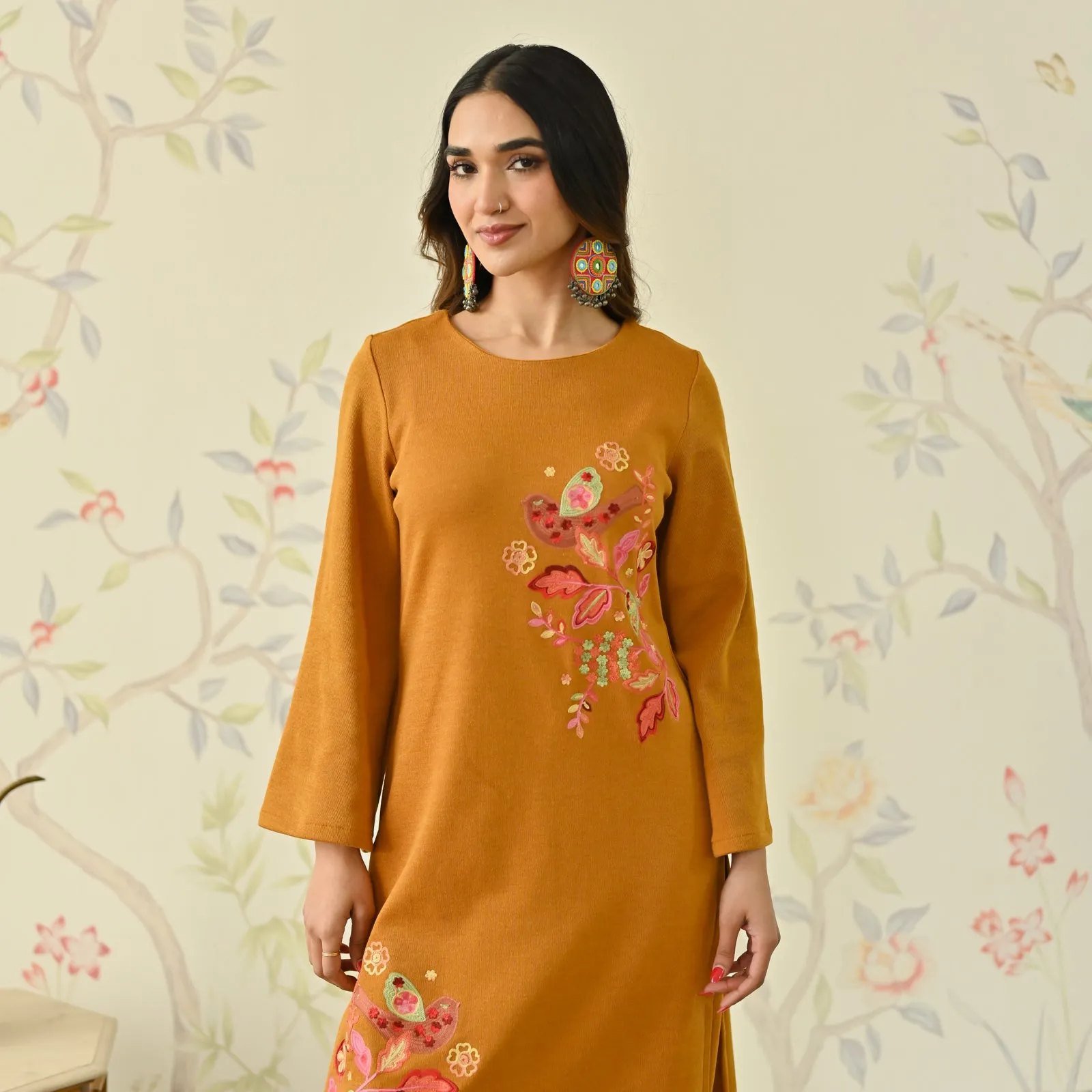Mustard Woollen Aari Embroidered Floral Kurta Pant Set with Flared Sleeves