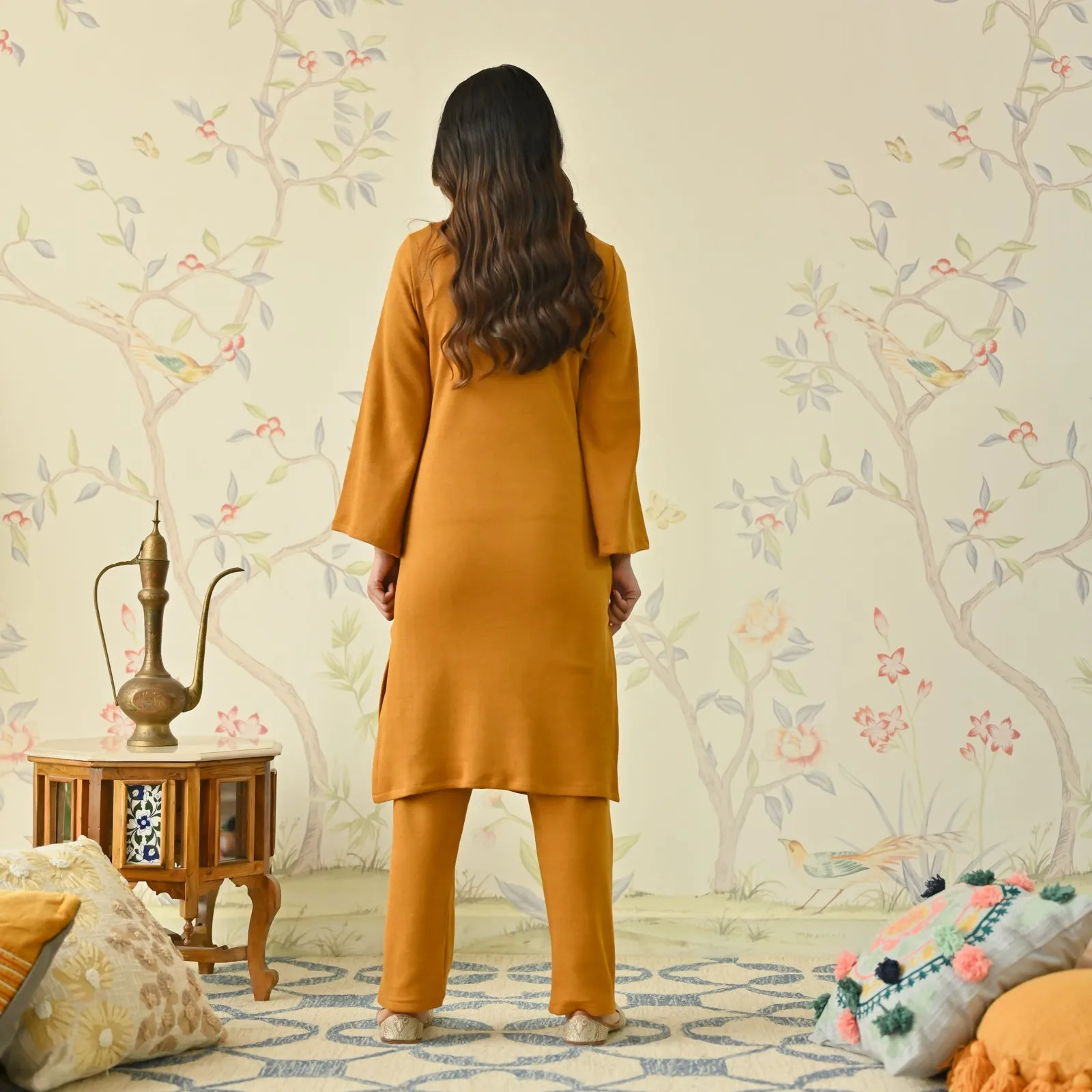 Mustard Woollen Aari Embroidered Floral Kurta Pant Set with Flared Sleeves
