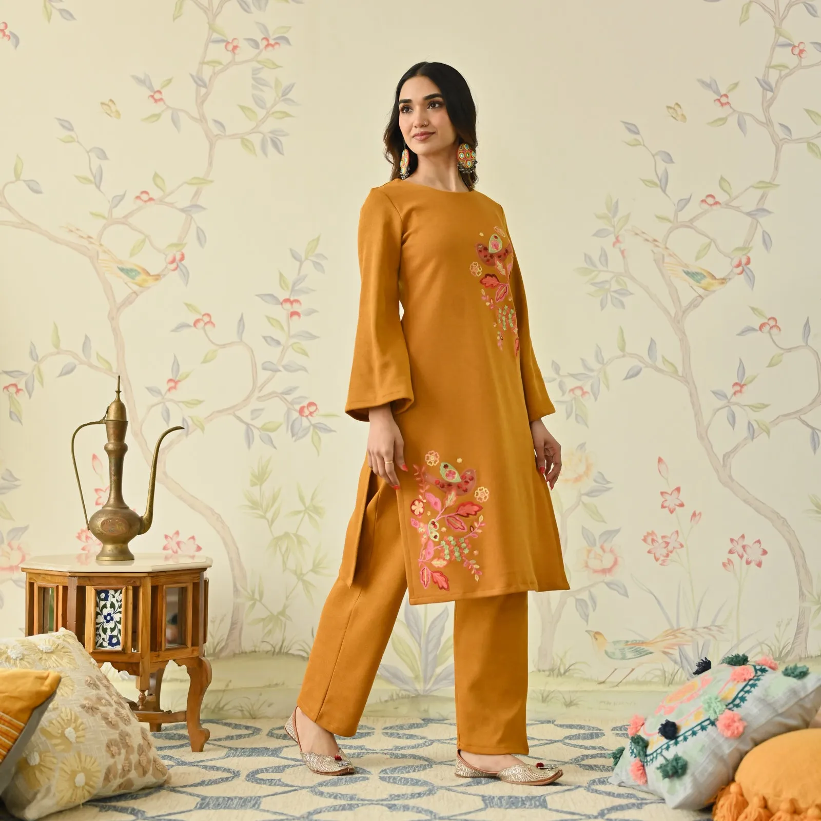 Mustard Woollen Aari Embroidered Floral Kurta Pant Set with Flared Sleeves