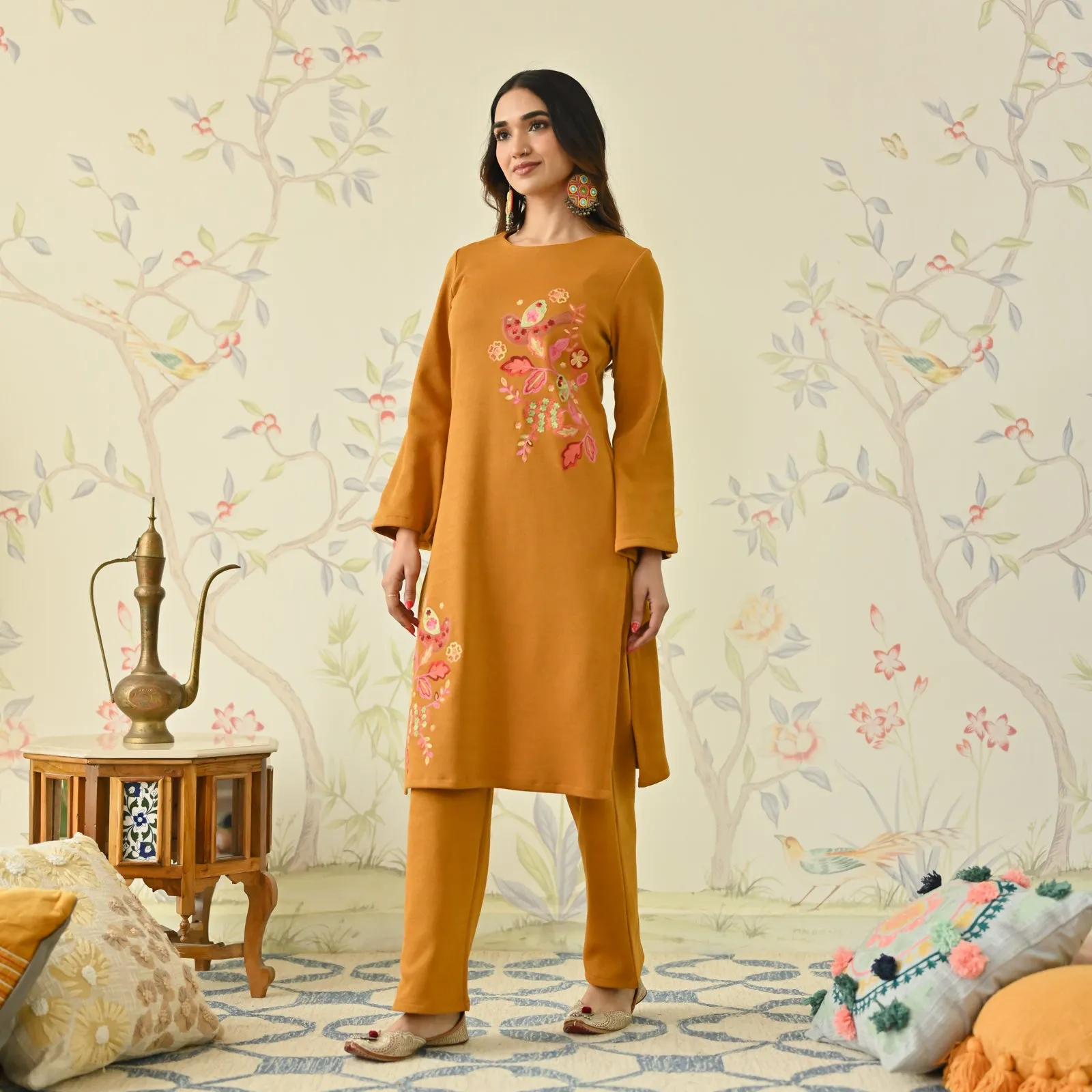 Mustard Woollen Aari Embroidered Floral Kurta Pant Set with Flared Sleeves