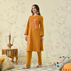 Mustard Woollen Aari Embroidered Floral Kurta Pant Set with Flared Sleeves