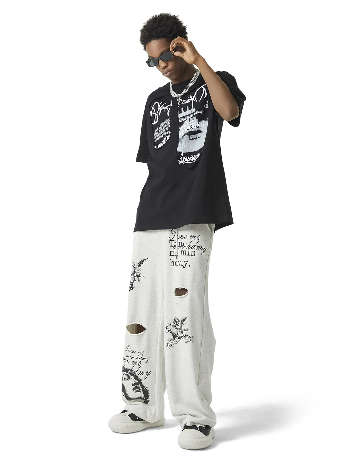 Thesupermade Cut Hole Angel Drawing Letter Pants