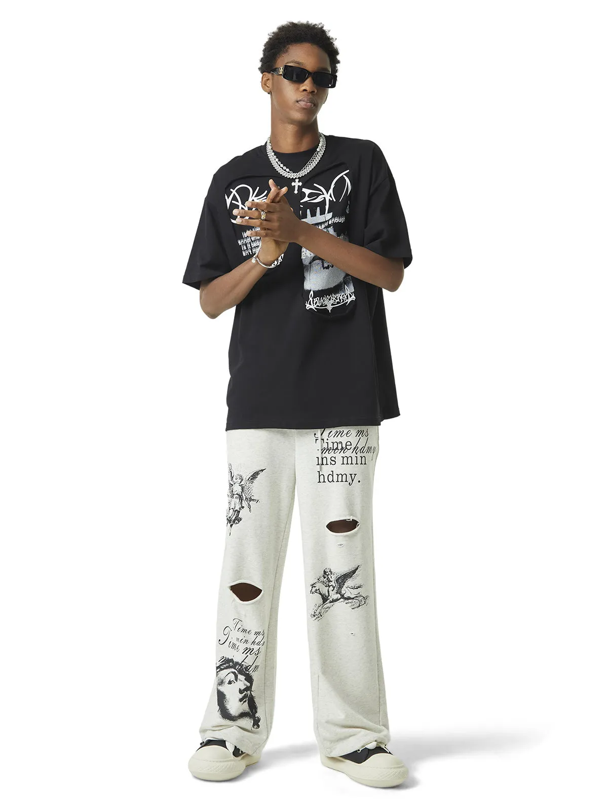 Thesupermade Cut Hole Angel Drawing Letter Pants