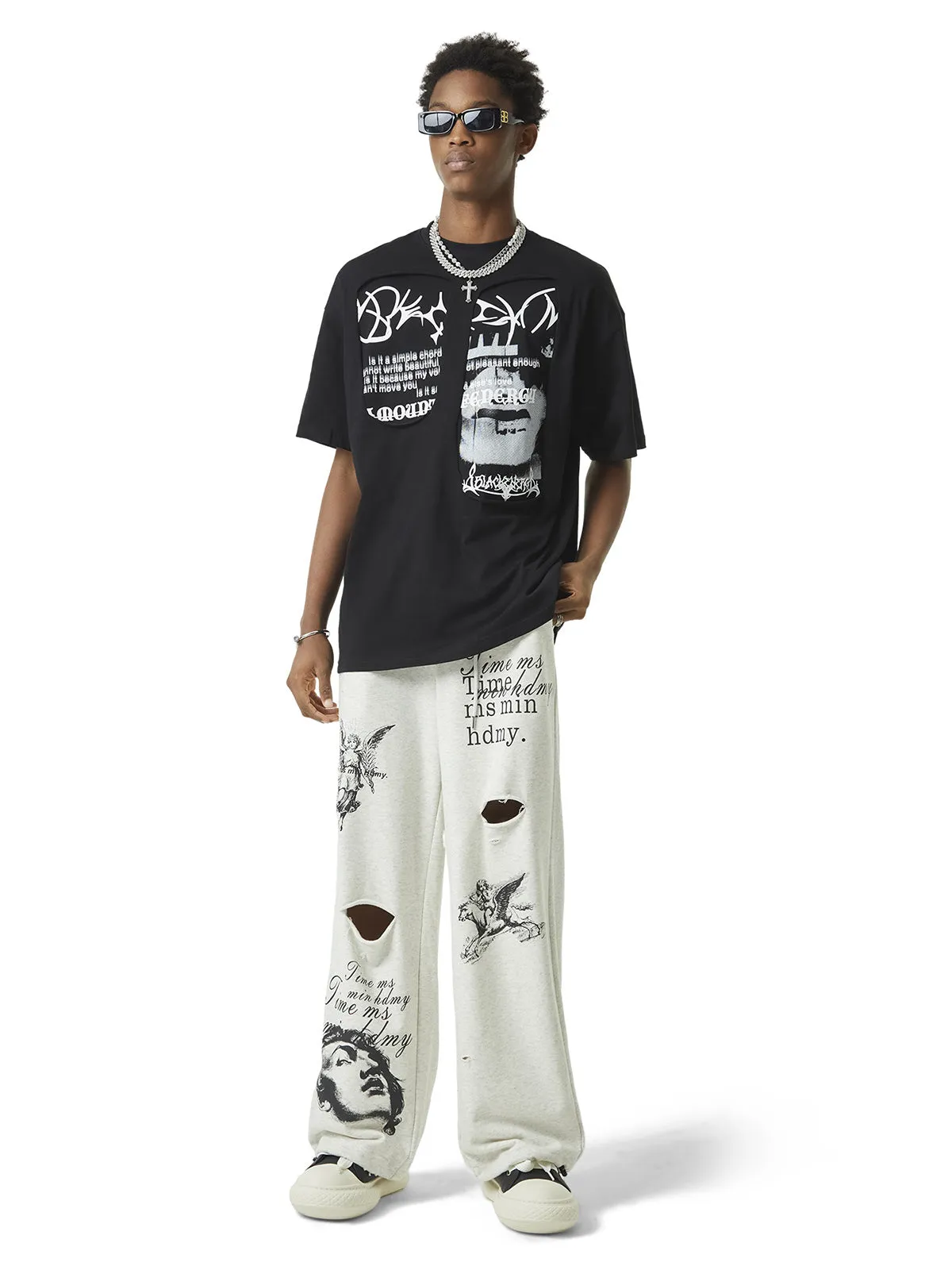 Thesupermade Cut Hole Angel Drawing Letter Pants