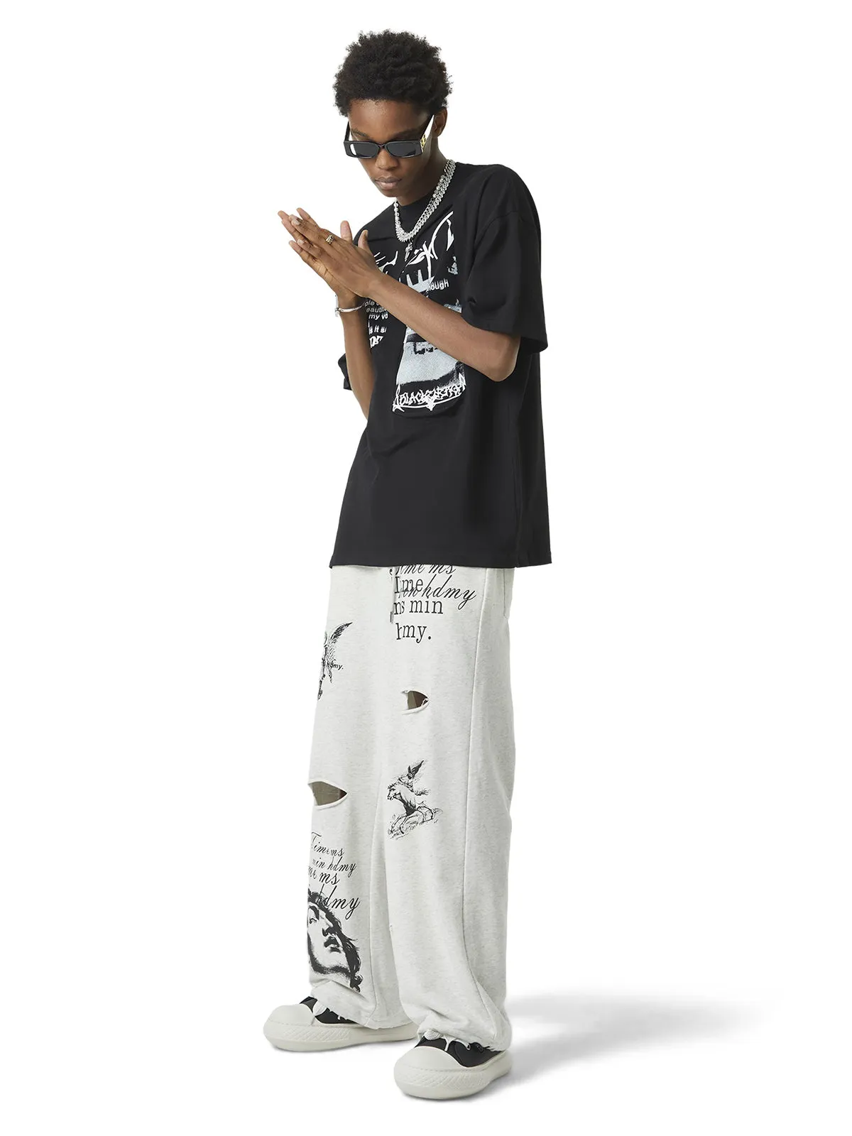 Thesupermade Cut Hole Angel Drawing Letter Pants