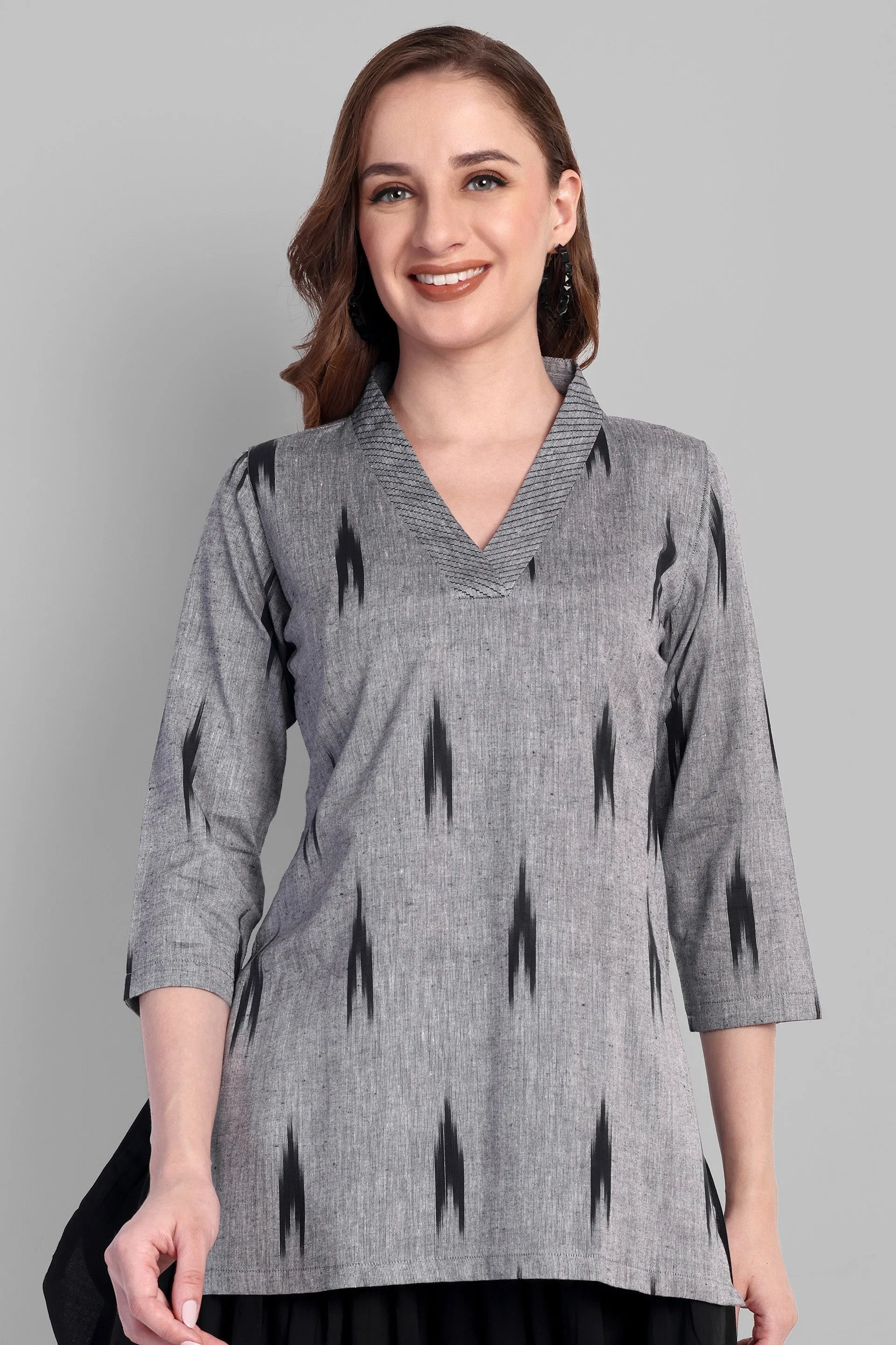 V Neck Ikkat Short Kurta