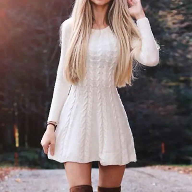 Women's Sweater Jumper Dress Short Mini Dress White Wine Long Sleeve Pure Color Jacquard Fall Winter Crew Neck Casual Modern